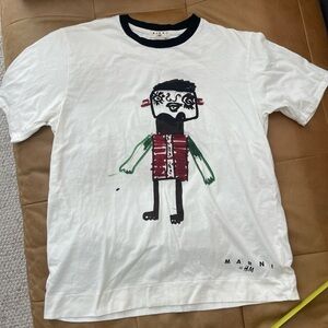 Marni White Graphic Ringer Tee with Multicolor Cartoon Motif